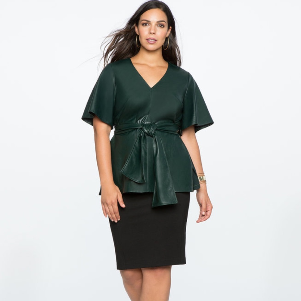 Flare Sleeve Tie Waist Faux Leather Top NWT